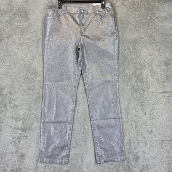 Chicos Platinum Jeans Womens 8 Regular Silver Metallic Slim Leg Denim Pants - Picture 1 of 14